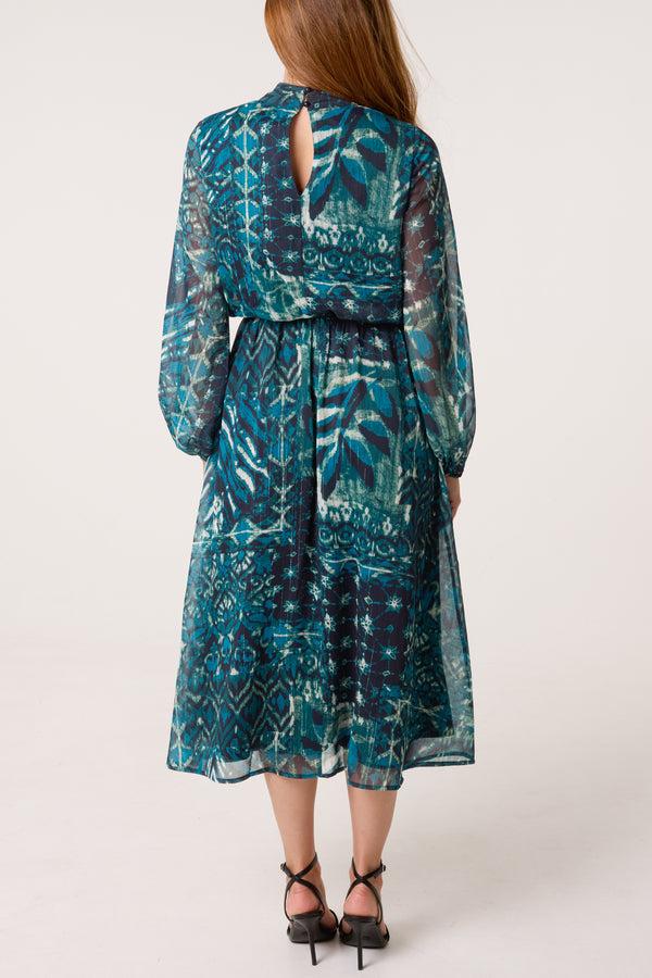 Qed London Abstract Leaf Print Puffball High Neck Dress