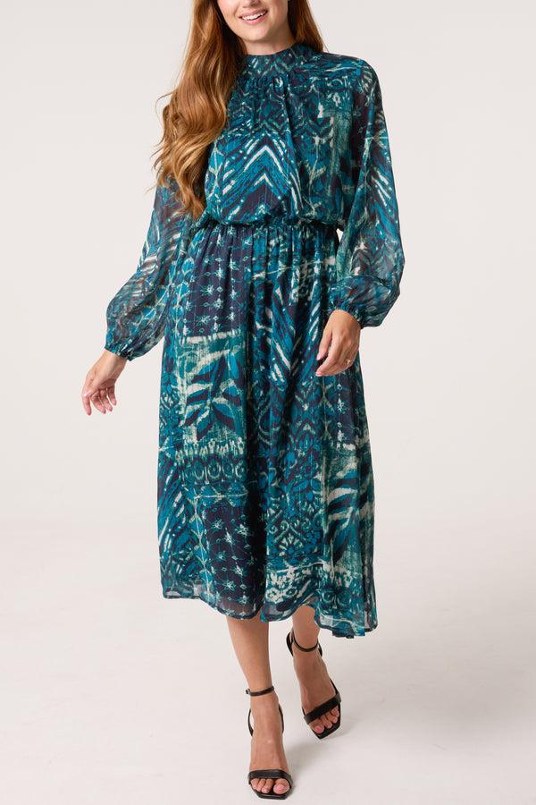 qed london Abstract Leaf Print Puffball High Neck Dress