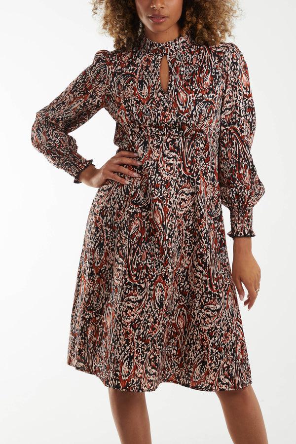 Qed London Abstract Paisley High Neck Keyhole Midi Dress