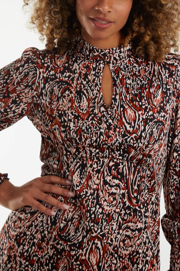 Qed London Abstract Paisley High Neck Keyhole Midi Dress