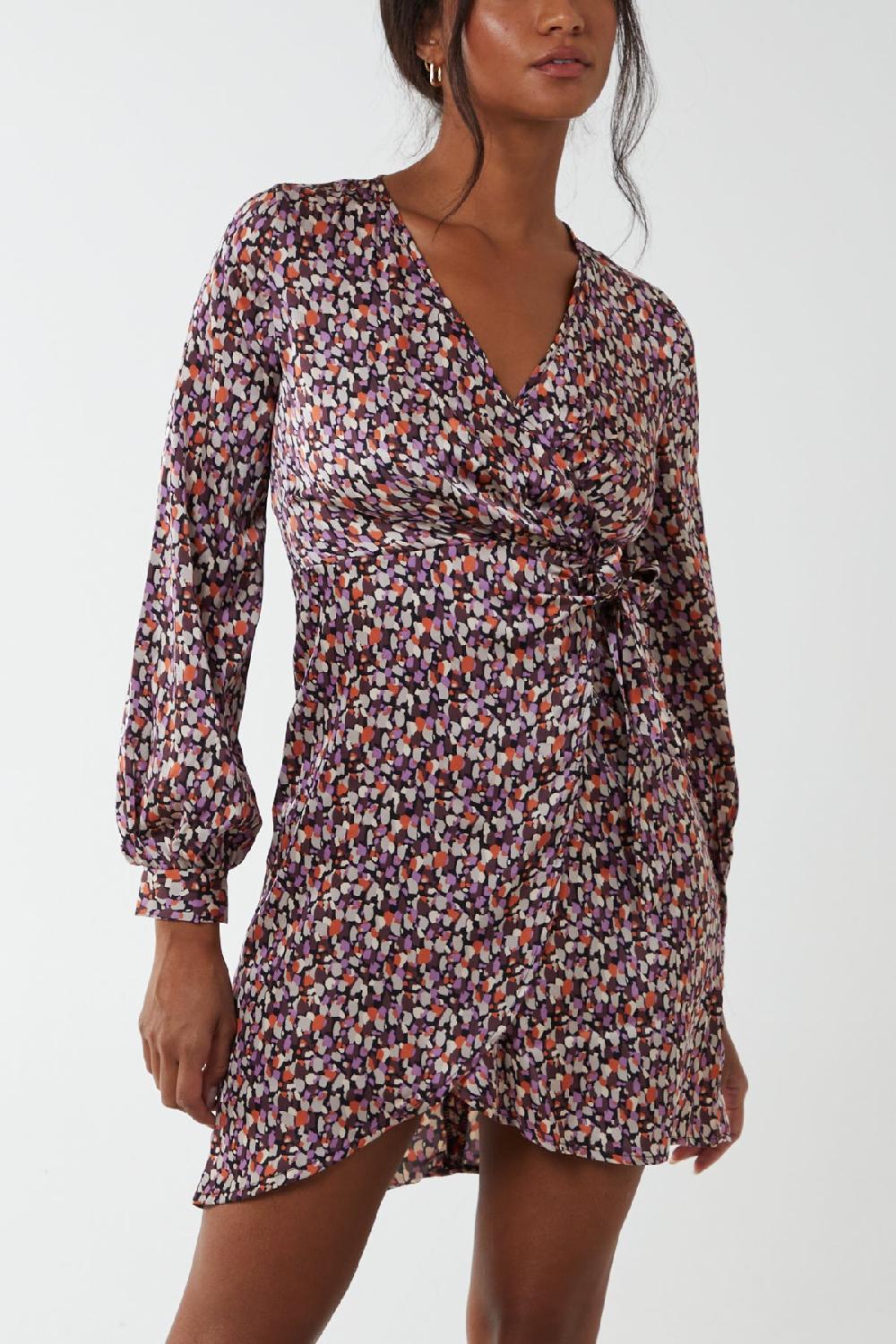 Qed London Abstract Print Long Sleeve Wrap Mini Dress