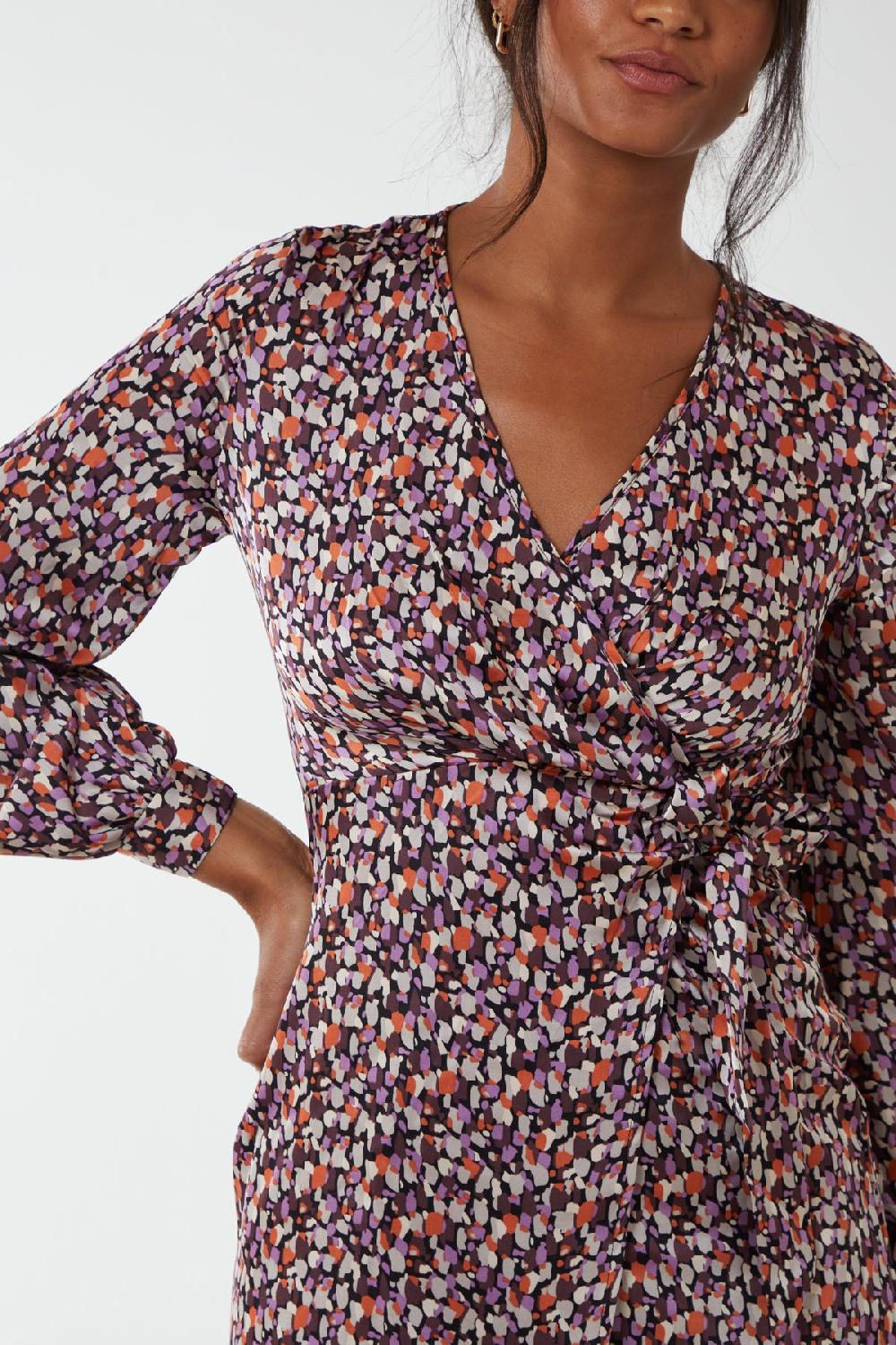 Qed London Abstract Print Long Sleeve Wrap Mini Dress