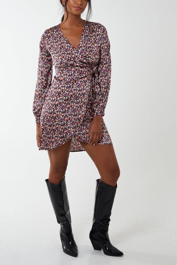 qed london Abstract Print Long Sleeve Wrap Mini Dress