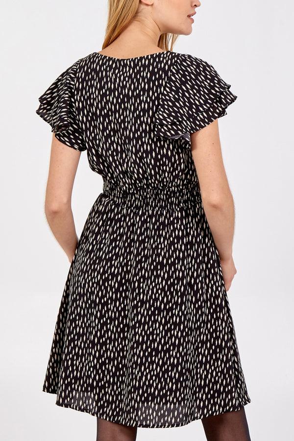 Qed London Abstract Spot Gathered Waist Frill Sleeve Dress