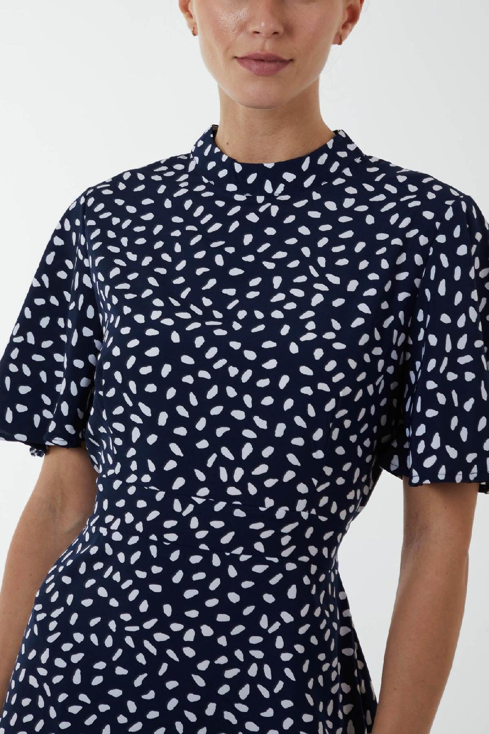 Qed London Abstract Spot High Neck Angel Sleeve Midi Dress
