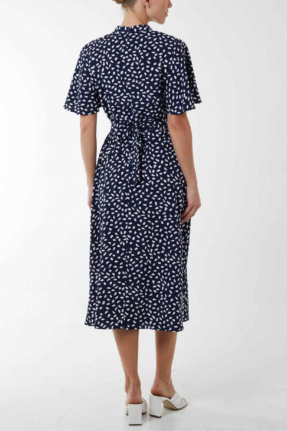 Qed London Abstract Spot High Neck Angel Sleeve Midi Dress