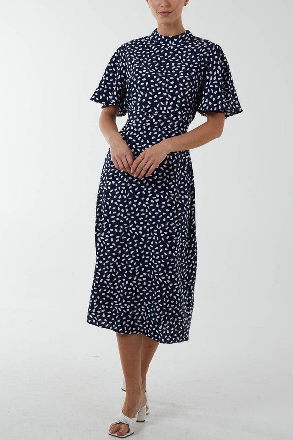 qed london Abstract Spot High Neck Angel Sleeve Midi Dress