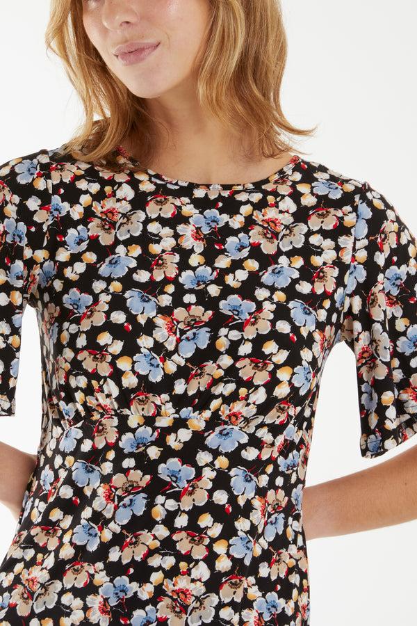 Qed London Angel Sleeve Asymmetric Floral Midi Stretch Dress