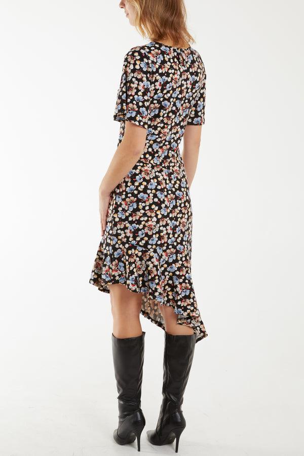 Qed London Angel Sleeve Asymmetric Floral Midi Stretch Dress