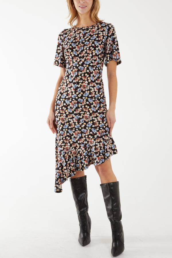 qed london Angel Sleeve Asymmetric Floral Midi Stretch Dress