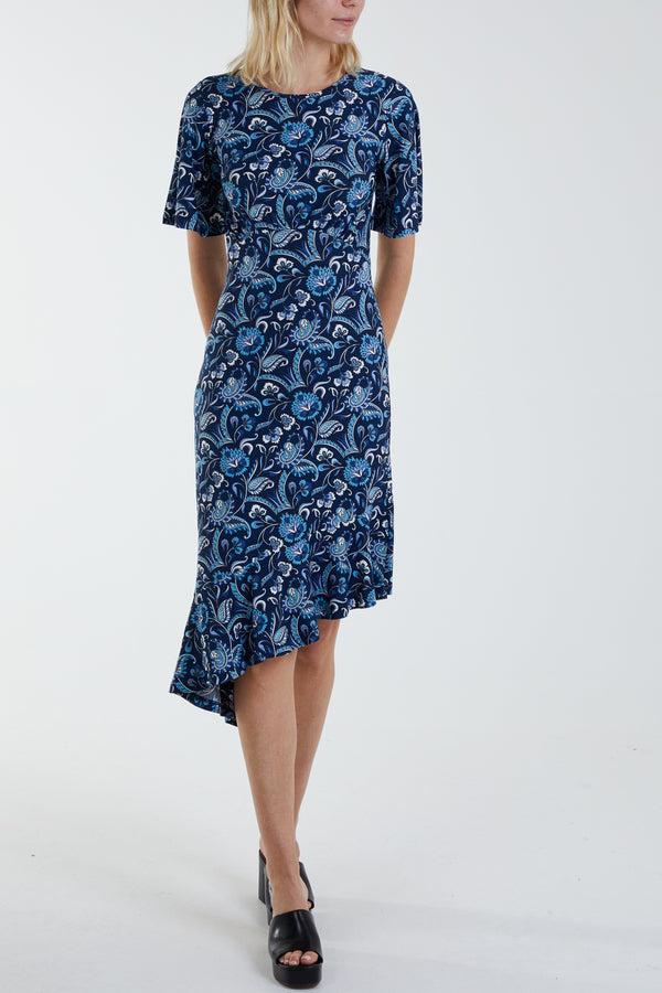 qed london Angel Sleeve Asymmetric Midi Stretch Dress