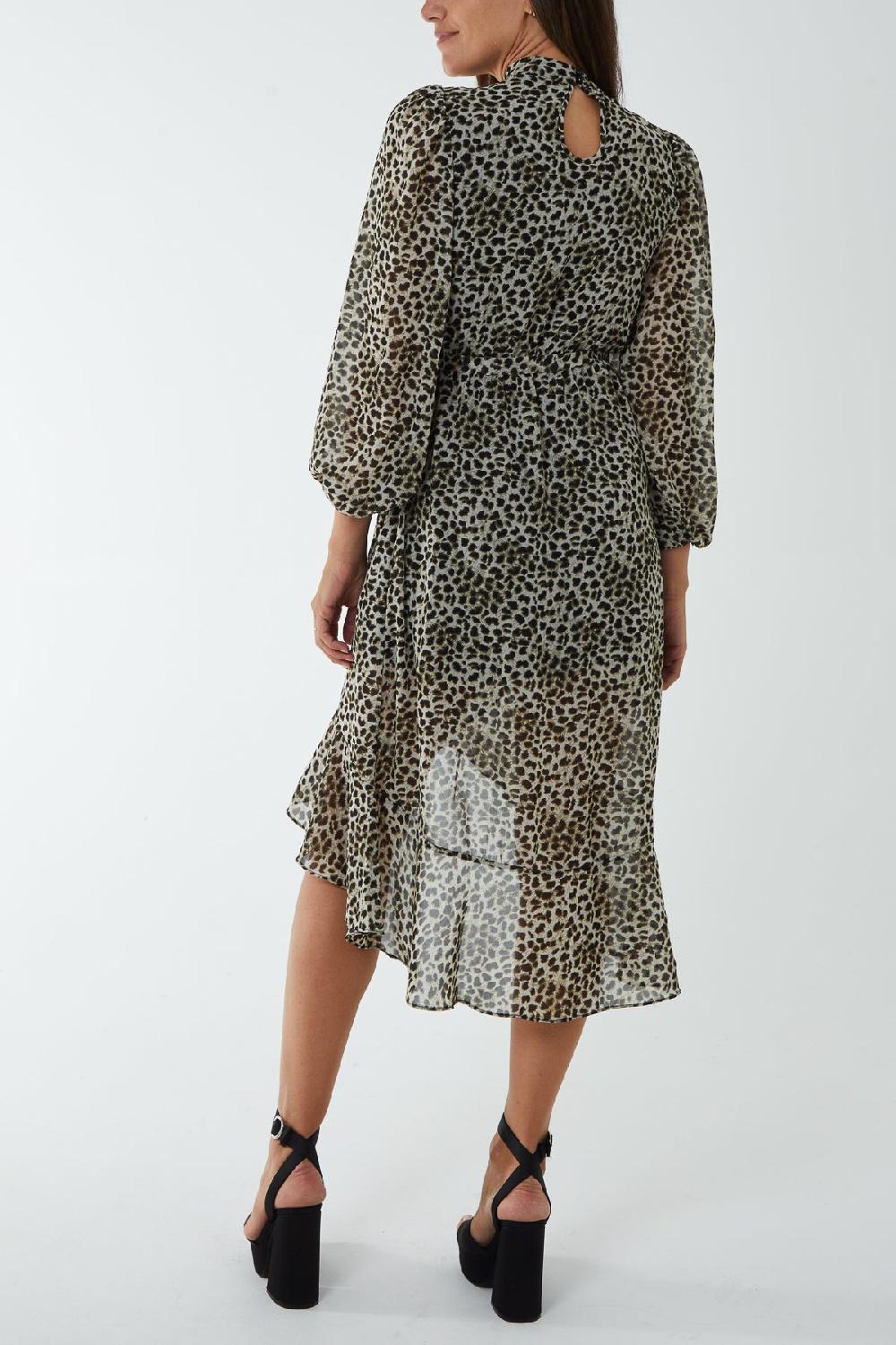 Qed London Animal High Neck Asymmetric Wrap Midi Dress