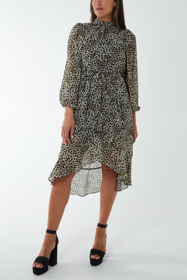 qed london Animal High Neck Asymmetric Wrap Midi Dress