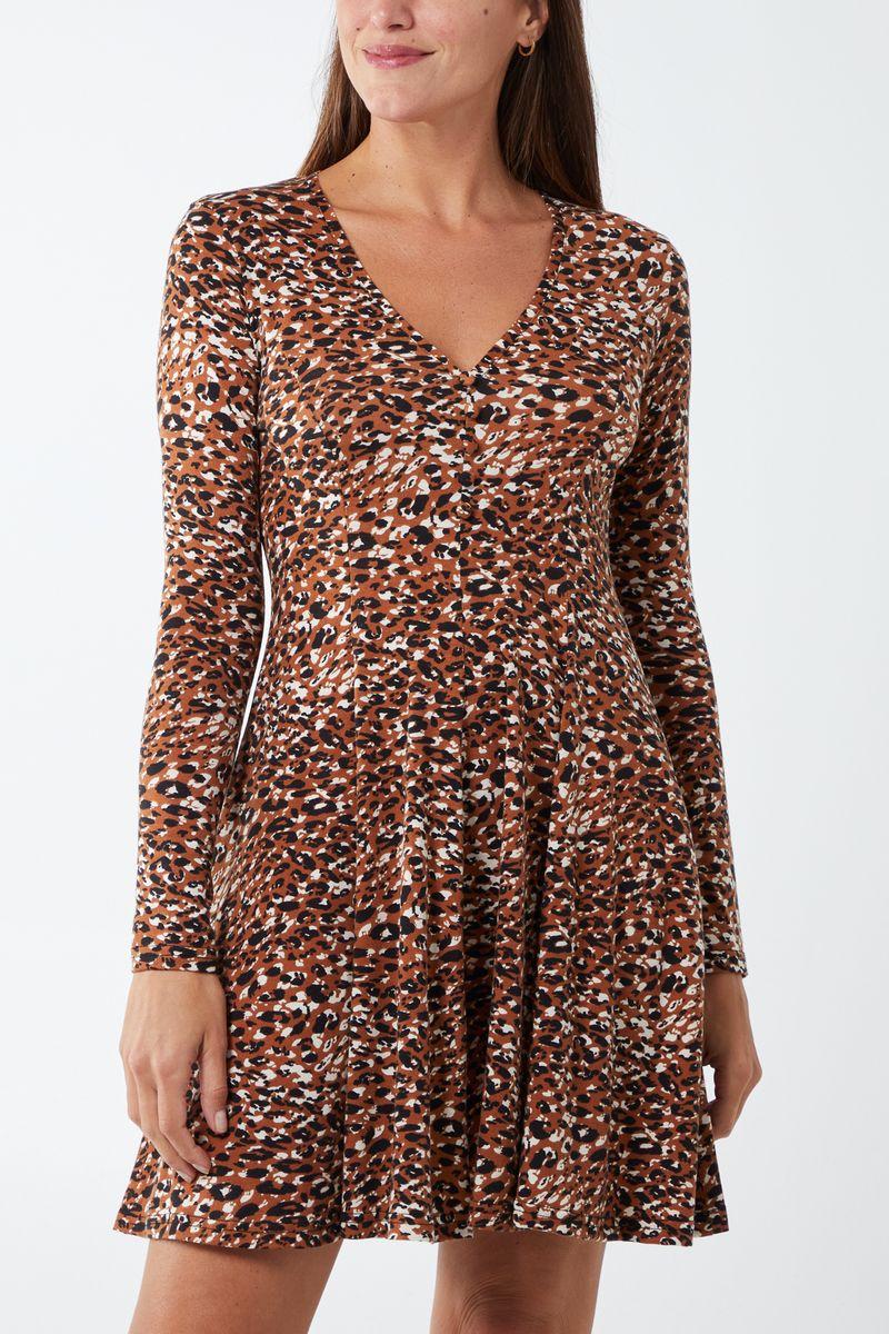 Qed London Animal Print Button Front Fit & Flare Dress