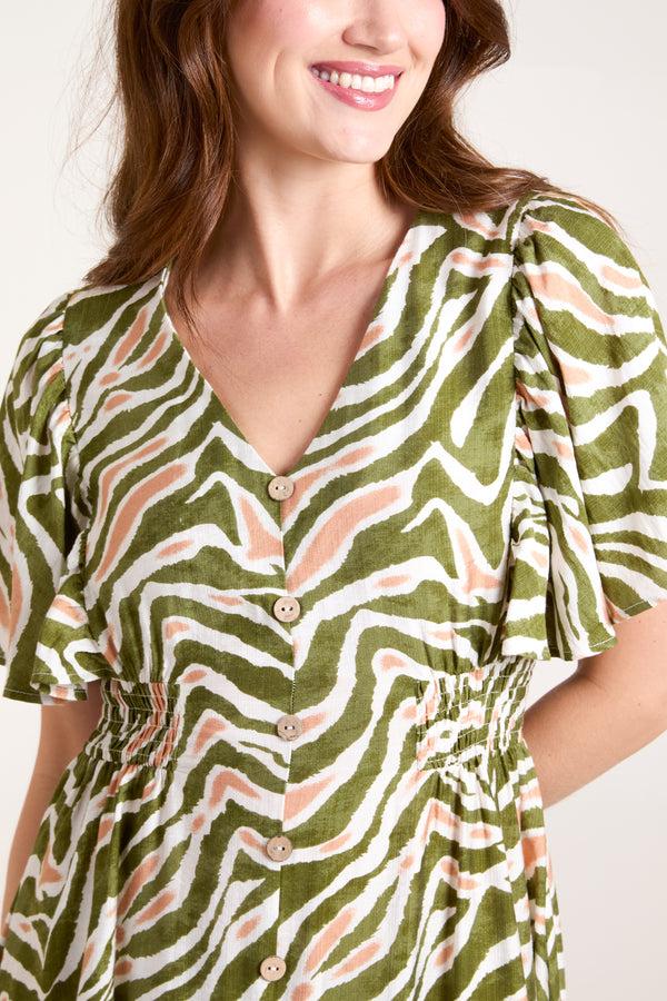 Qed London Animal Print Coconut Button Through Dress