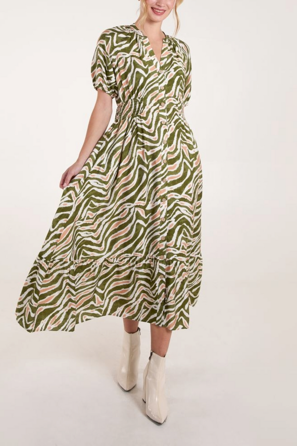 Qed London Animal Print Coconut Button Through Midi Dress