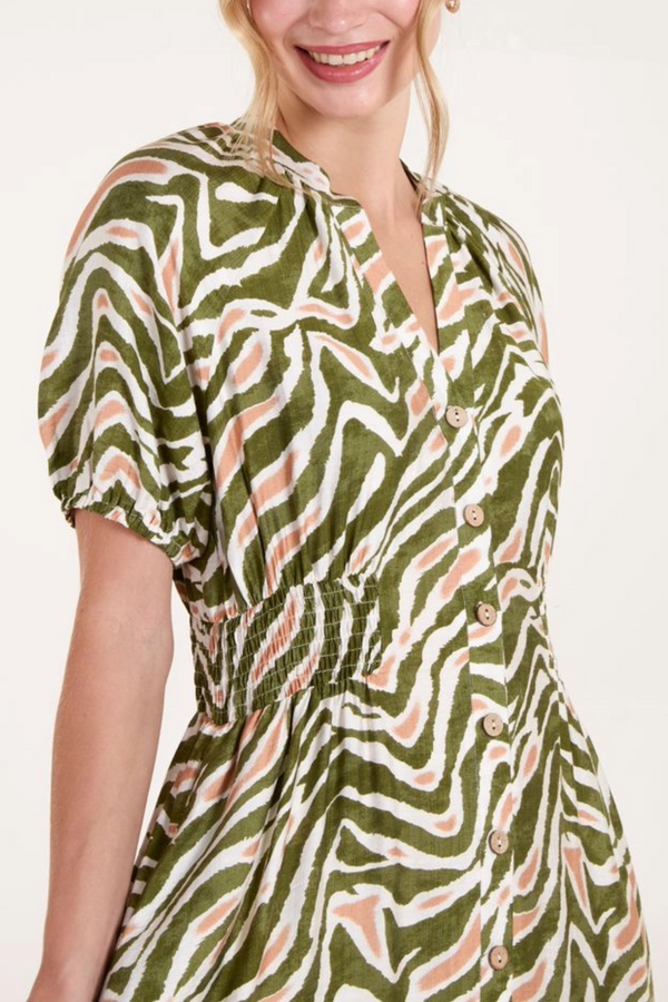 Qed London Animal Print Coconut Button Through Midi Dress