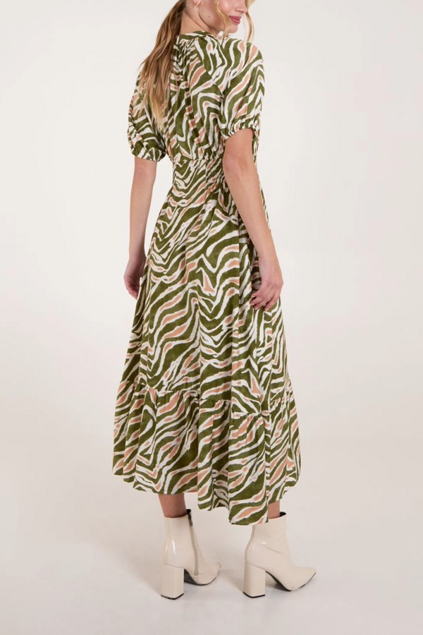 Qed London Animal Print Coconut Button Through Midi Dress