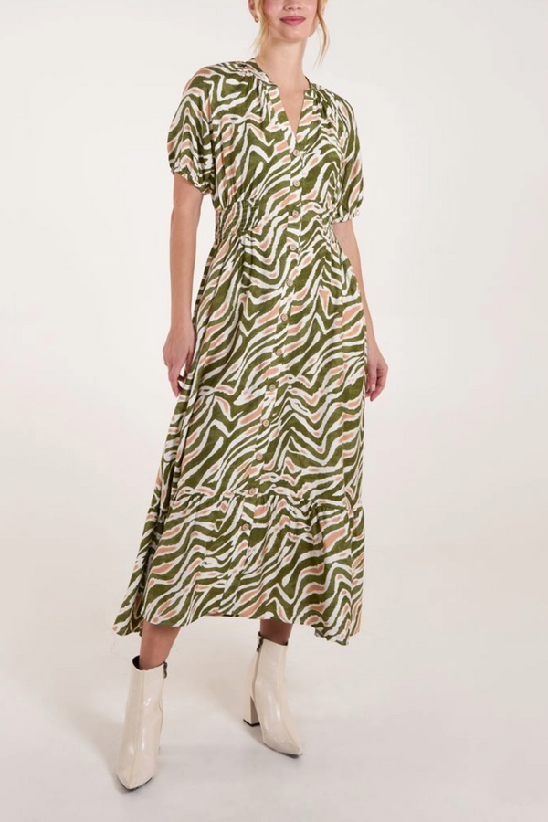 qed london Animal Print Coconut Button Through Midi Dress