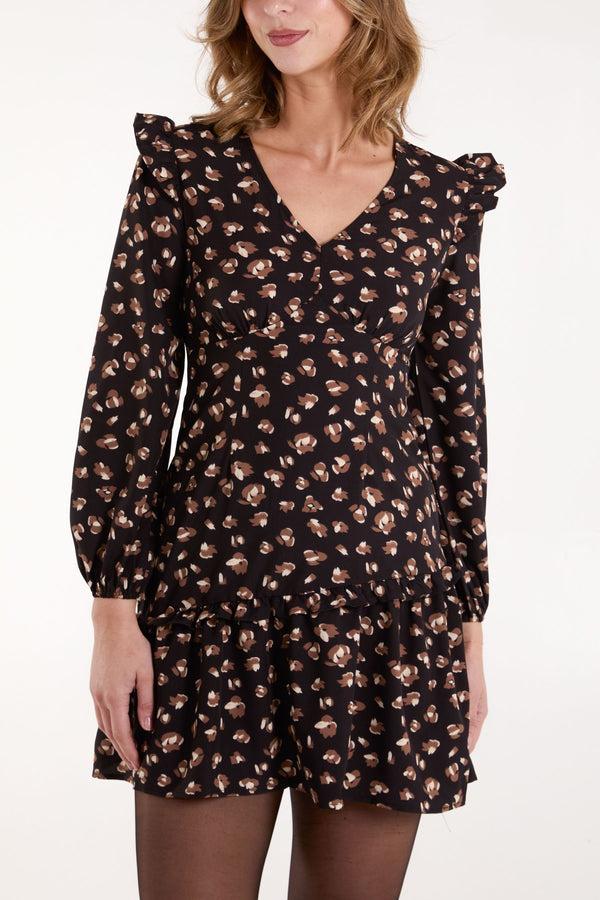 Qed London Animal Print Frilled Shoulder Midi Dress