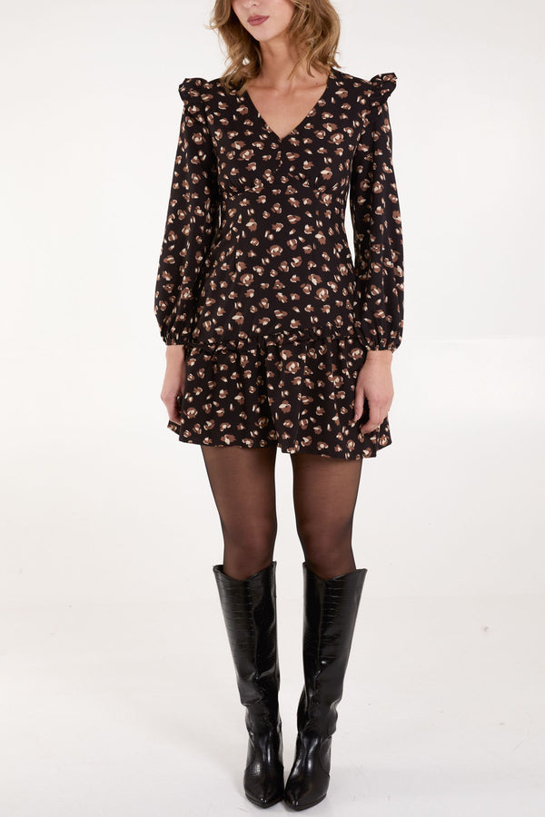 qed london Animal Print Frilled Shoulder Midi Dress