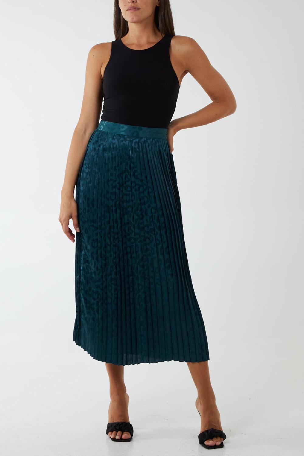 Qed London Animal Satin Jacquard Pleated Midi Skirt
