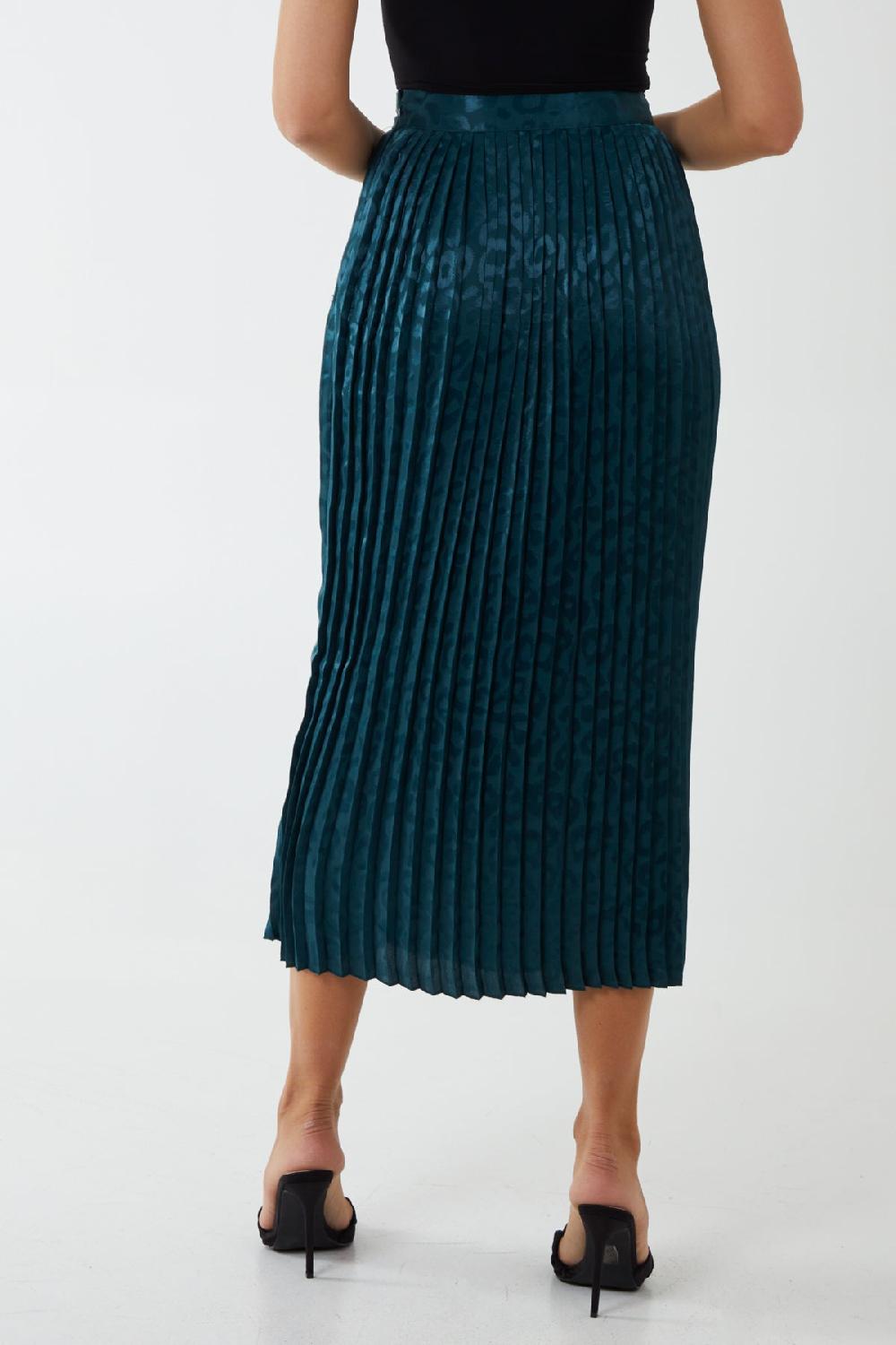 Qed London Animal Satin Jacquard Pleated Midi Skirt