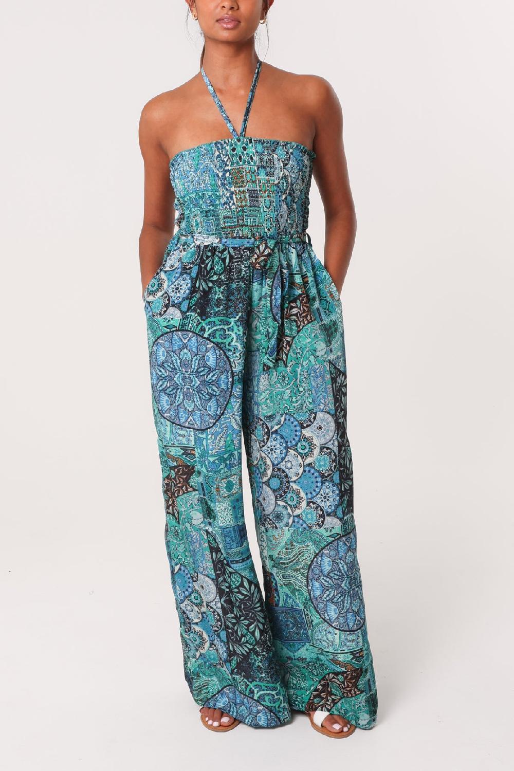 Qed London Art Silk Mixed Print Halterneck Shirred Jumpsuit