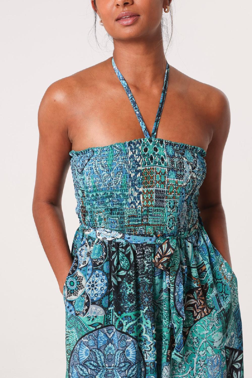 Qed London Art Silk Mixed Print Halterneck Shirred Jumpsuit