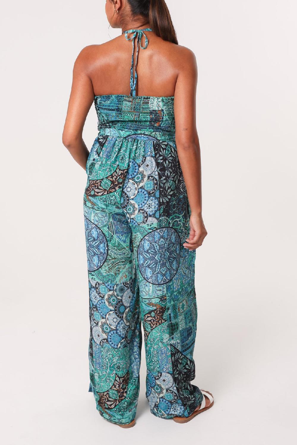 Qed London Art Silk Mixed Print Halterneck Shirred Jumpsuit