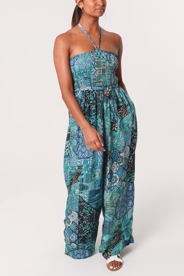 qed london Art Silk Mixed Print Halterneck Shirred Jumpsuit