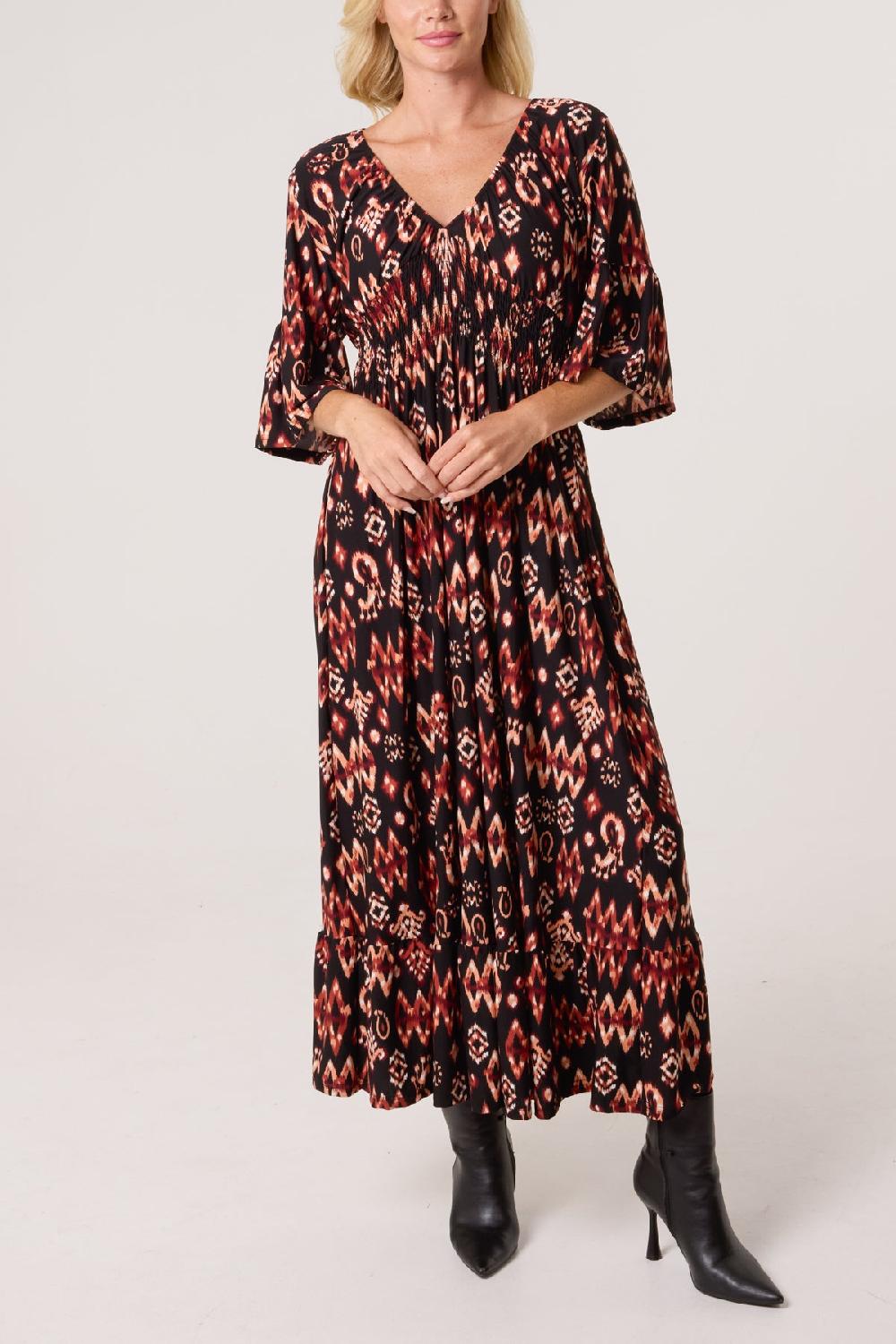 Qed London Autumnal Aztec Print Shirred Stretch Dress