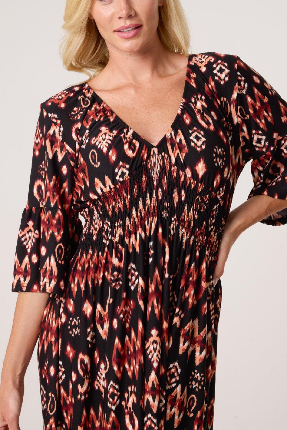 Qed London Autumnal Aztec Print Shirred Stretch Dress