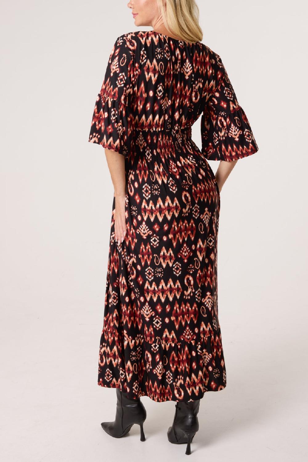 Qed London Autumnal Aztec Print Shirred Stretch Dress