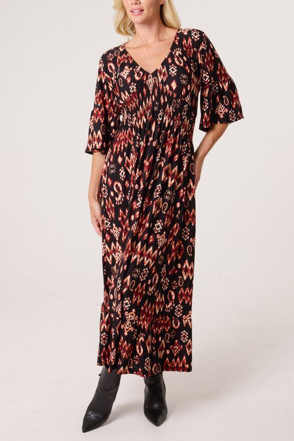 qed london Autumnal Aztec Print Shirred Stretch Dress