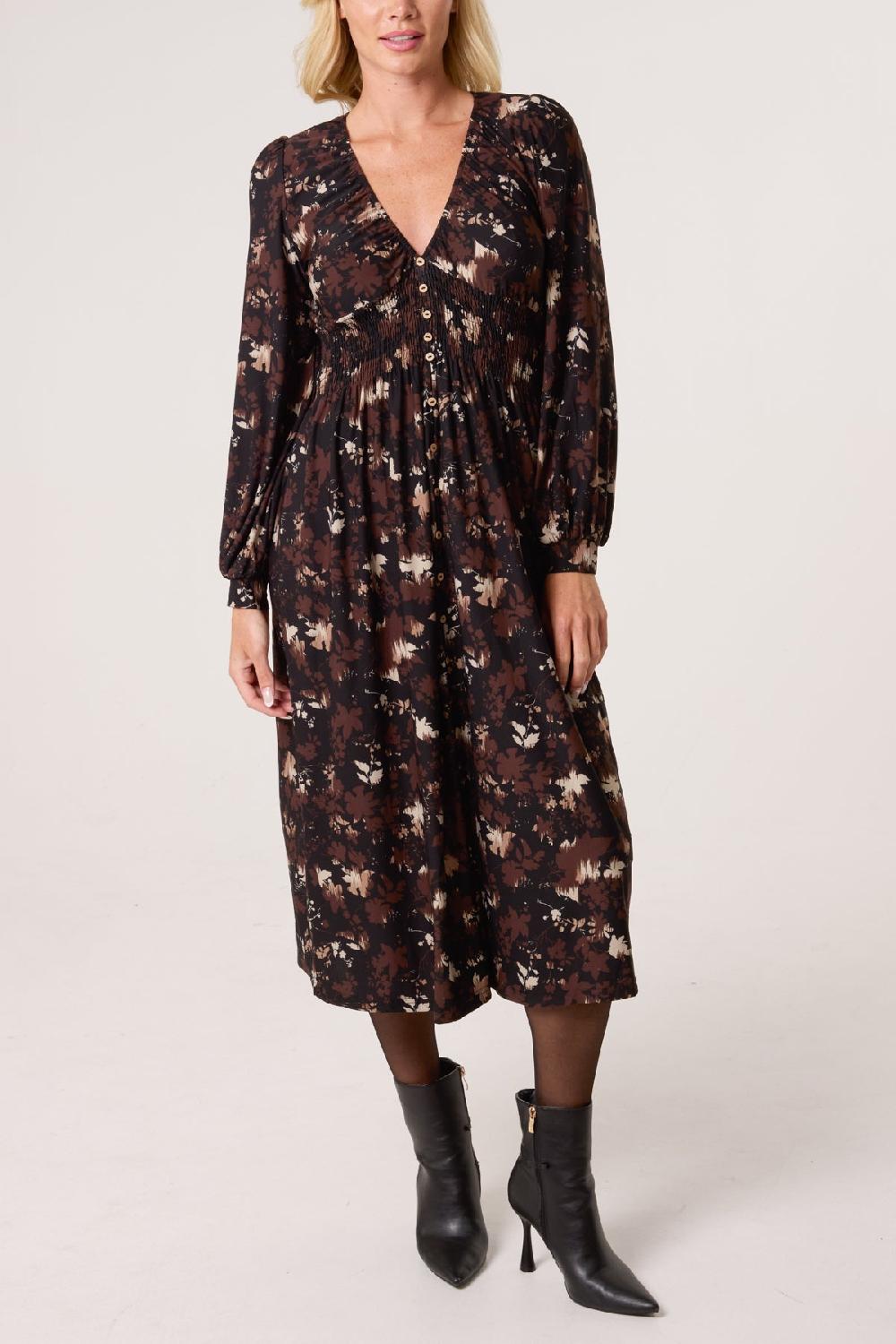 Qed London Autumnal Leaf Print Button Front Stretch Dress