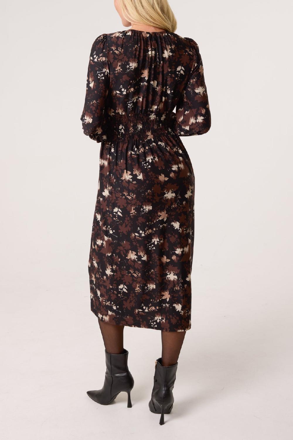 Qed London Autumnal Leaf Print Button Front Stretch Dress