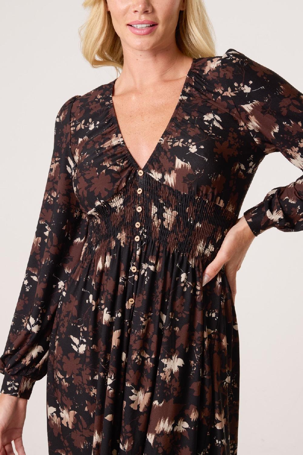 Qed London Autumnal Leaf Print Button Front Stretch Dress