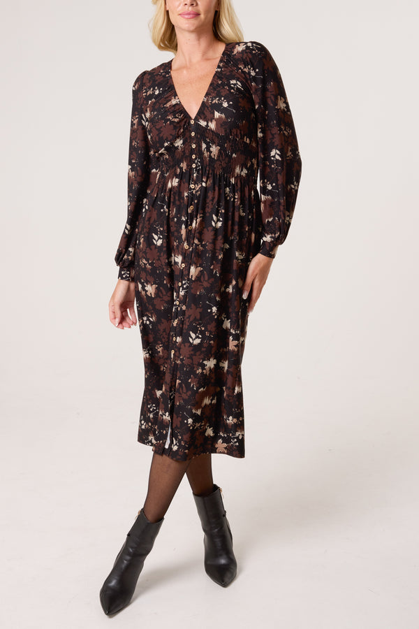 qed london Autumnal Leaf Print Button Front Stretch Dress