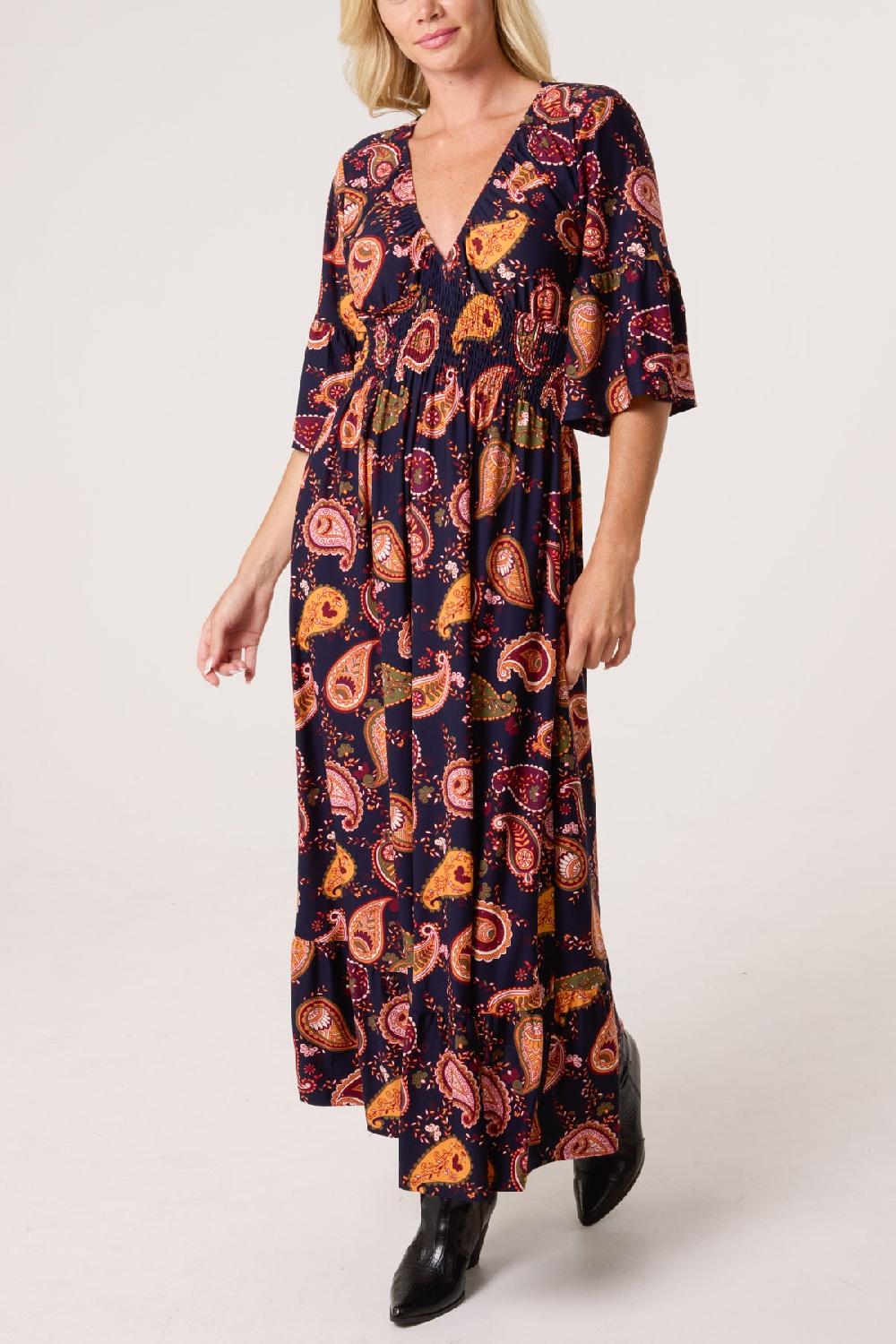 Qed London Autumnal Paisley Print Stretch Shirred Dress