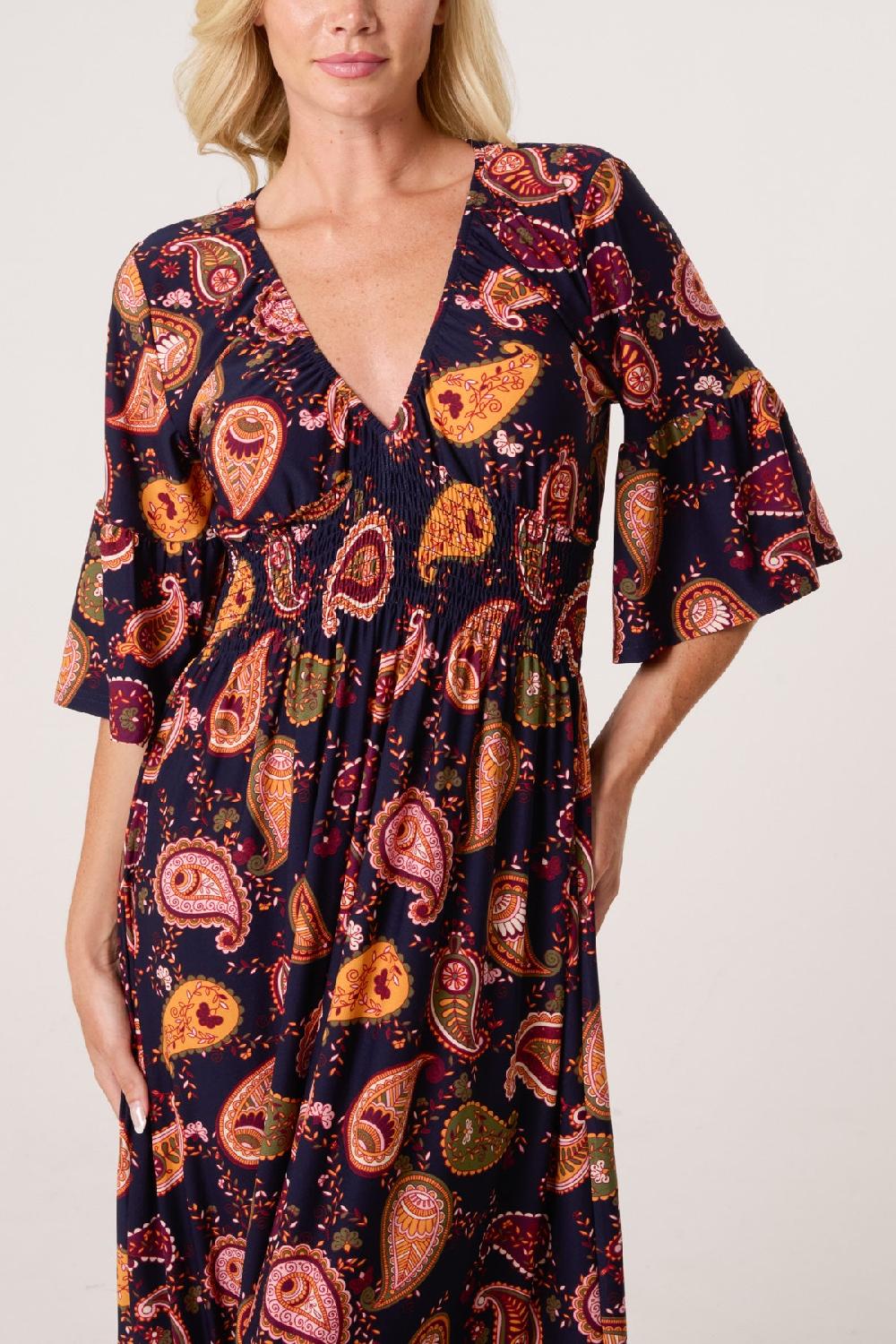 Qed London Autumnal Paisley Print Stretch Shirred Dress