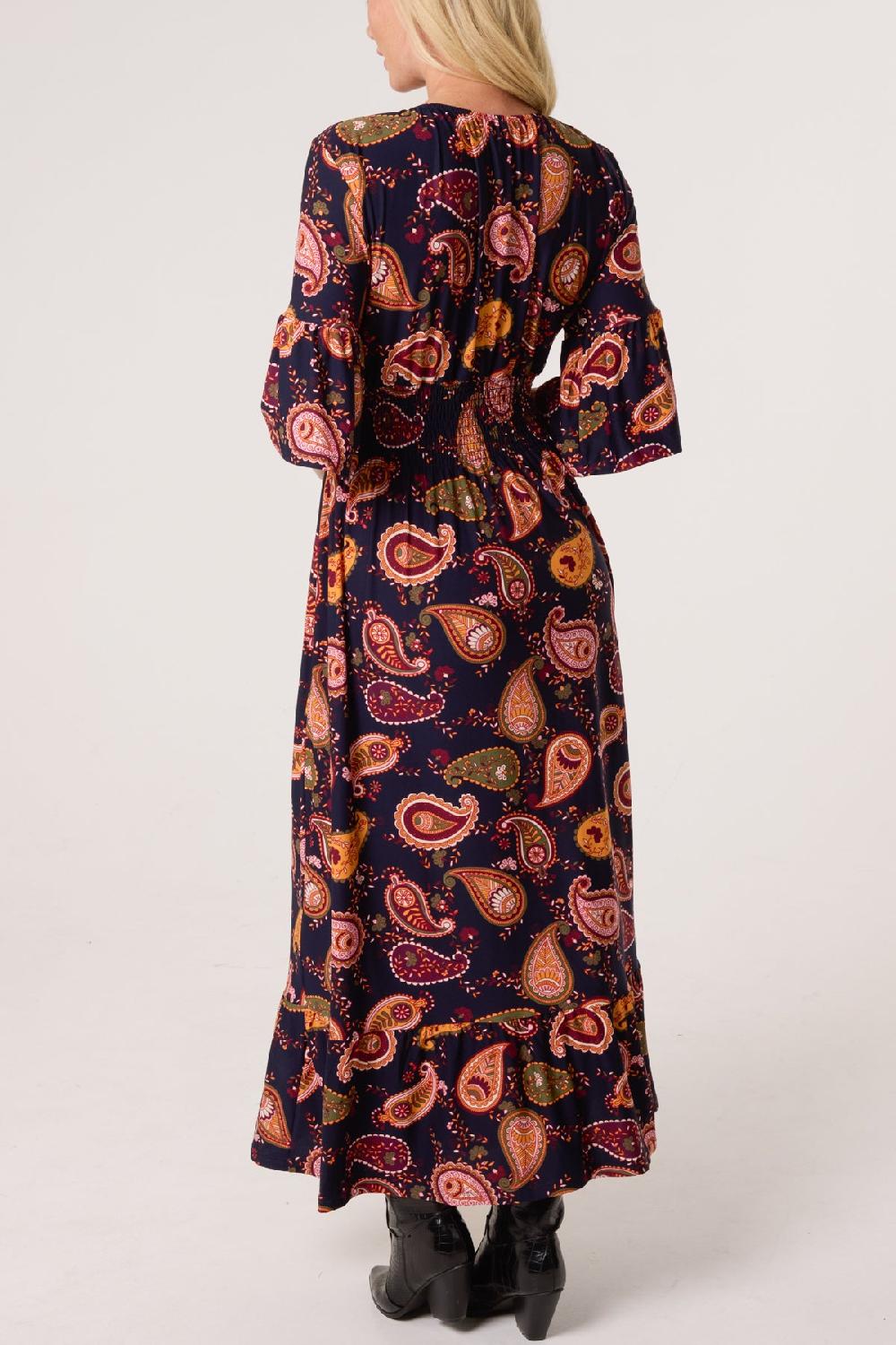 Qed London Autumnal Paisley Print Stretch Shirred Dress