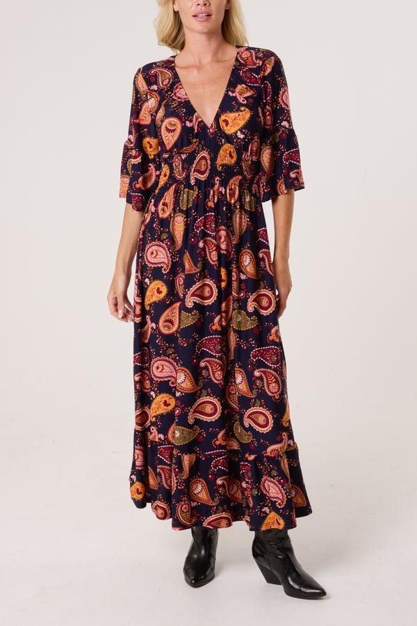 qed london Autumnal Paisley Print Stretch Shirred Dress