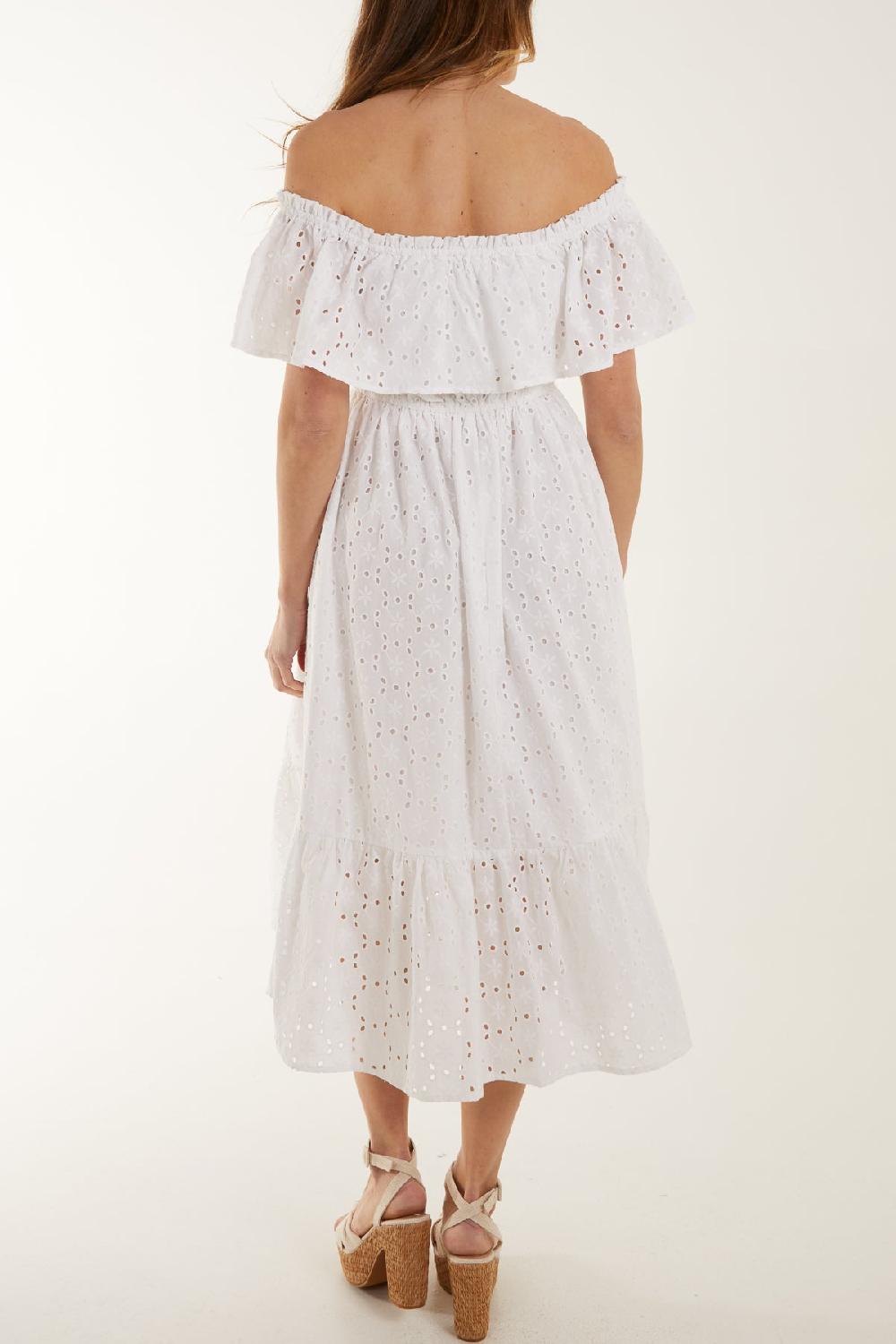 Qed London Bardot Beaded Broderie Anglaise Midi Dress