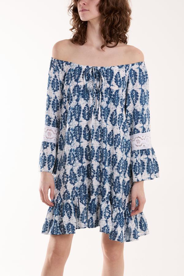 Qed London Bardot Leaf Print & Lace Detail Tunic Dress