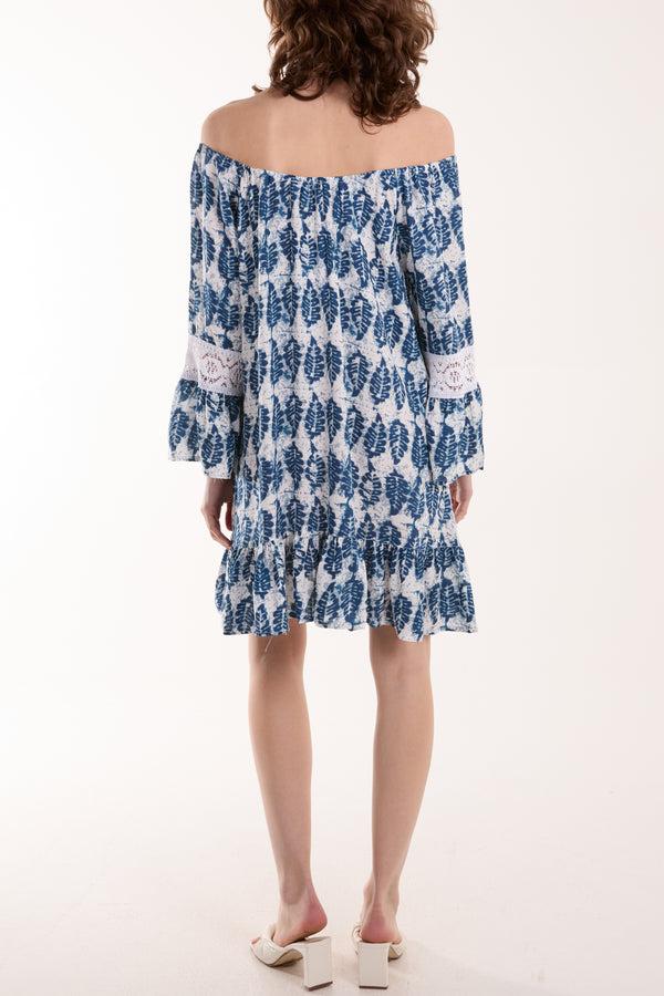 Qed London Bardot Leaf Print & Lace Detail Tunic Dress