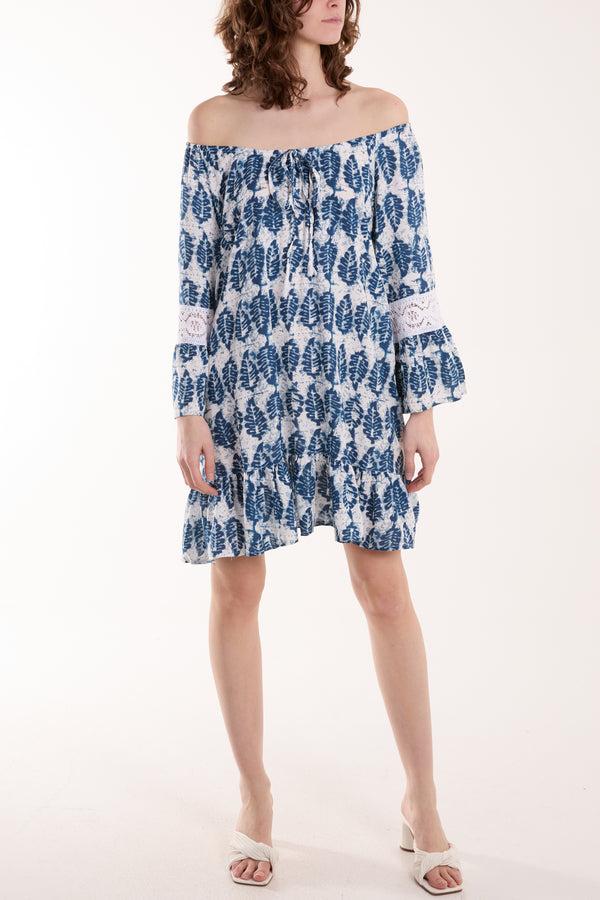 qed london Bardot Leaf Print & Lace Detail Tunic Dress