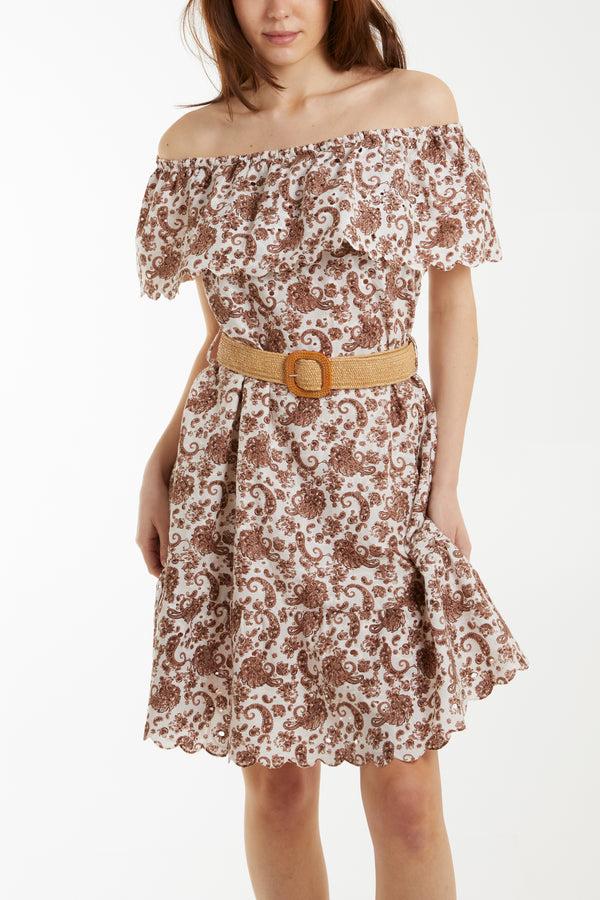 Qed London Bardot Paisley Broderie Midi Belted Dress