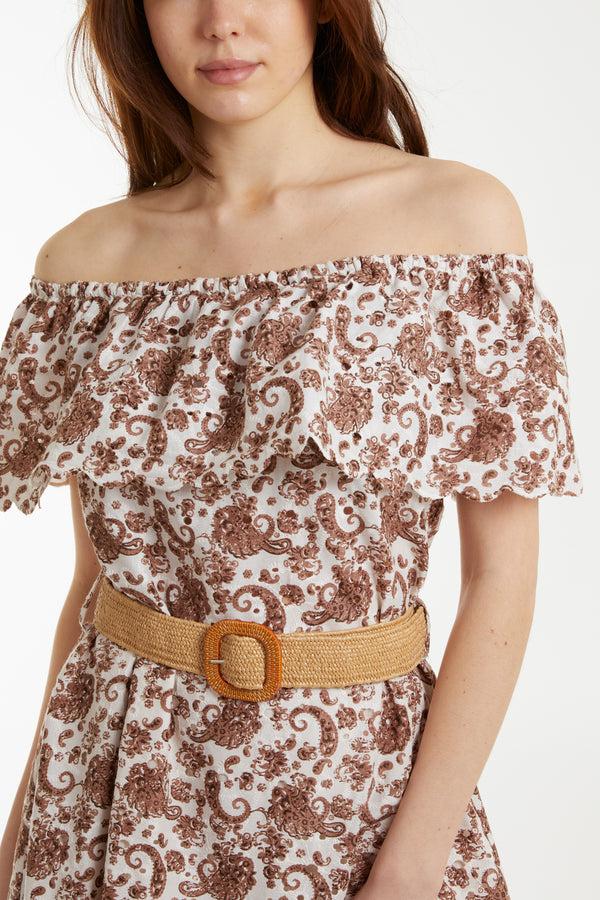 Qed London Bardot Paisley Broderie Midi Belted Dress