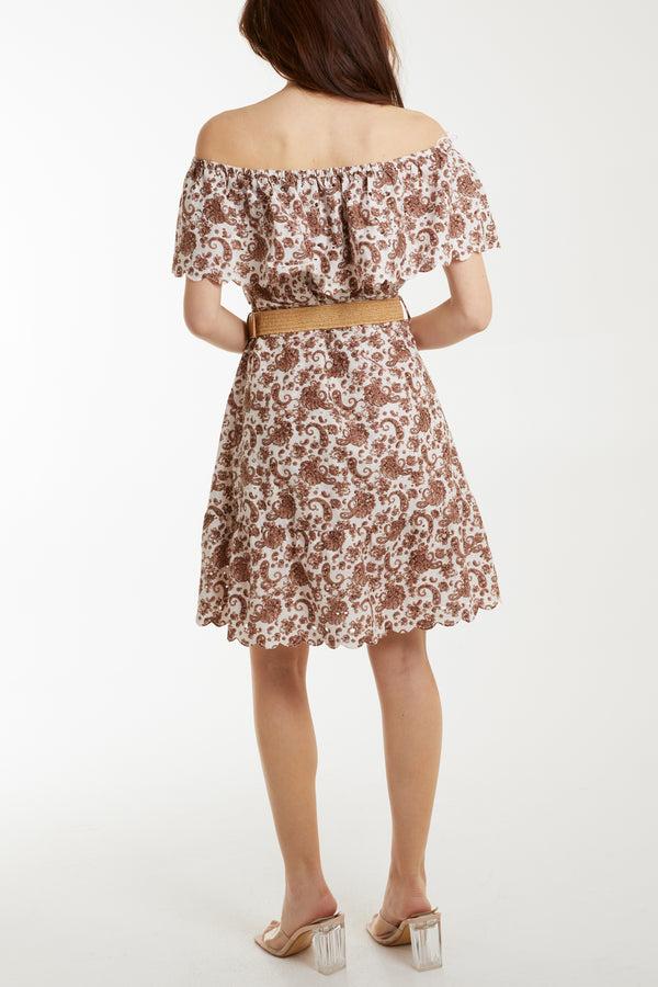 Qed London Bardot Paisley Broderie Midi Belted Dress